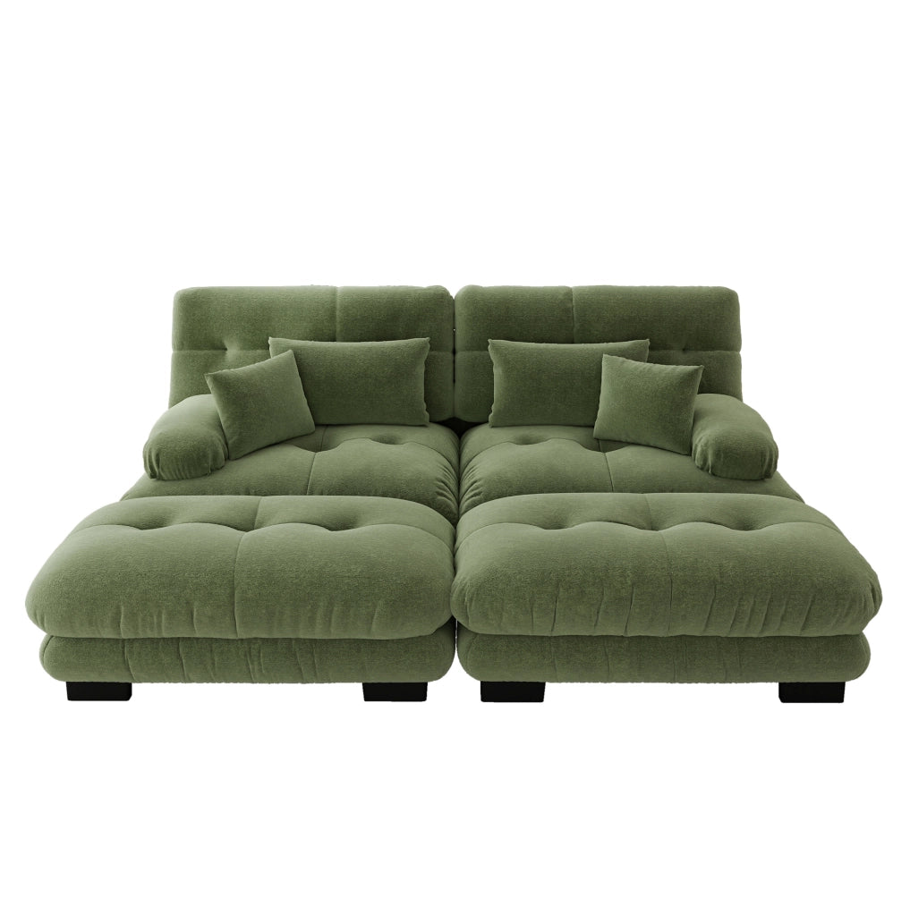 Divano angolare Cloud in chenille verde con 2 cuscini lombari, 2 cuscini decorativi e 2 pouf abbinati