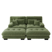 Divano angolare Cloud in chenille verde con 2 cuscini lombari, 2 cuscini decorativi e 2 pouf abbinati