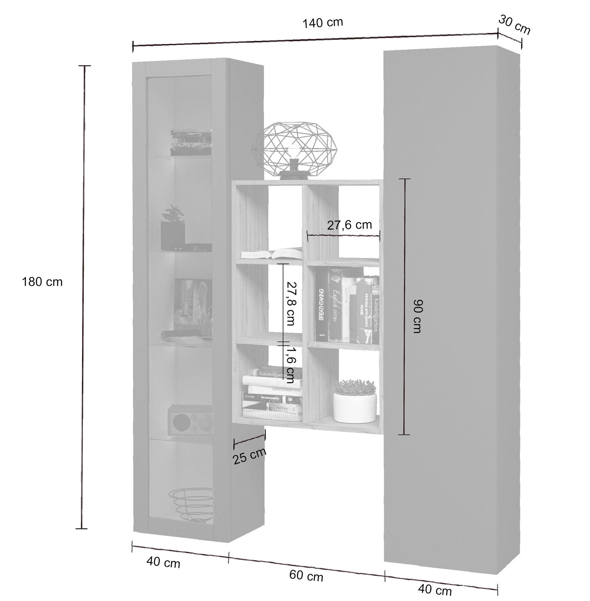 Parete Attrezzata Soggiorno 140x30x180 cm Maruska n°16 Grigio Antracite Opaco