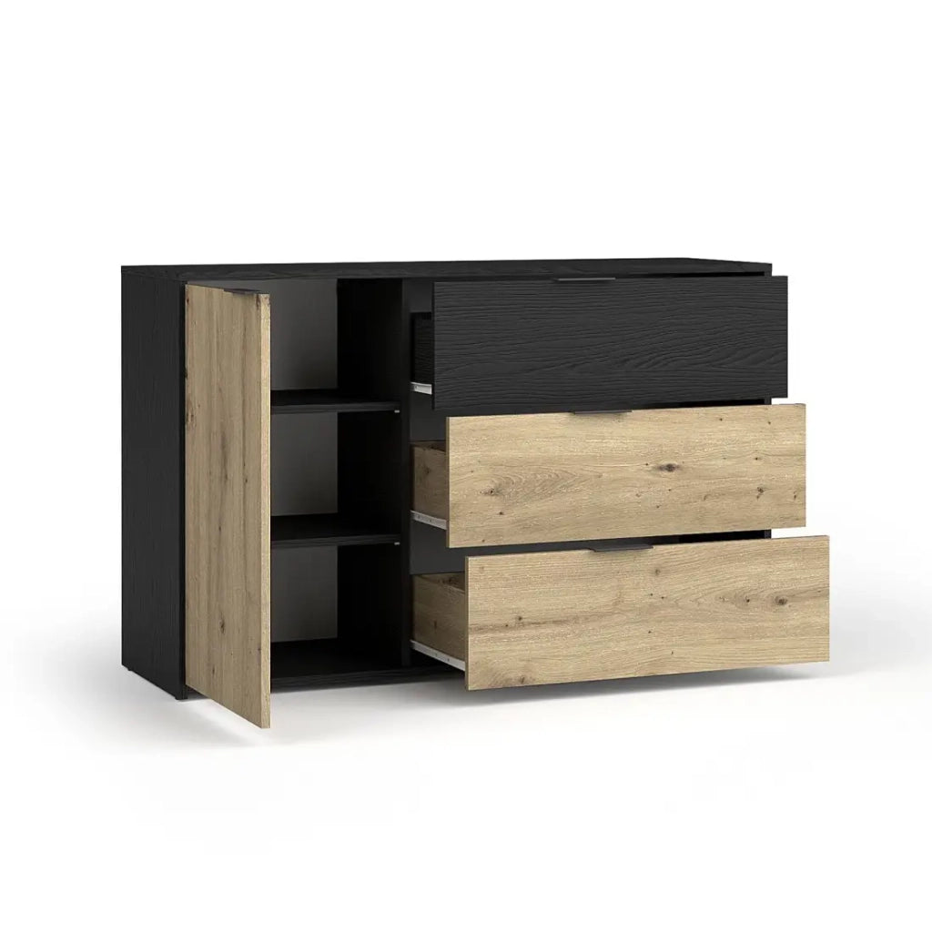 Camera completa MELODY – Letto contenitore 180x200 + armadio + cassettiera + comodini – Nero grafite e rovere chiaro – Materasso non incluso