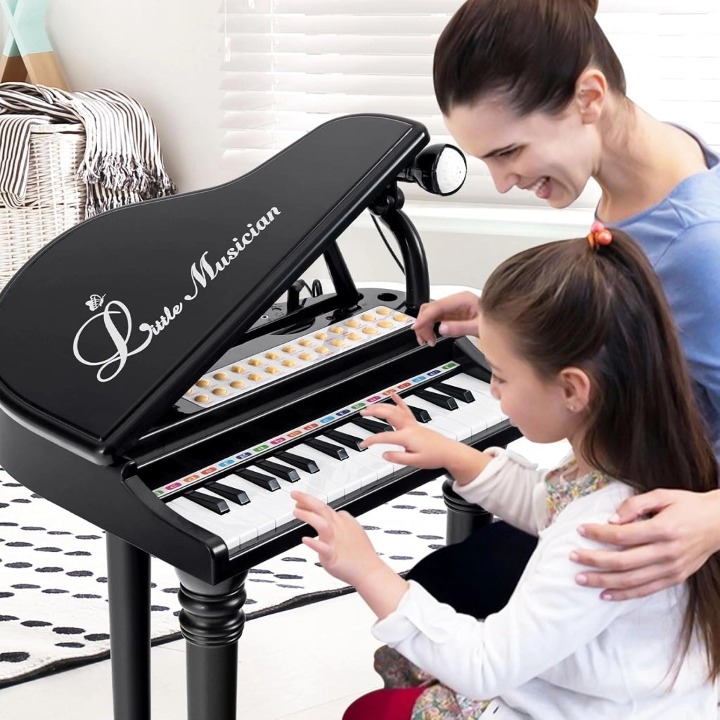 Tastiera Pianoforte a 31 Tasti per Bambini con Microfono e Sgabello, Tasti Giocattolo Portatile con Modalità di Insegnamento a LED, Pianoforte a Coda per Bambini 3+ Anni (Nero)