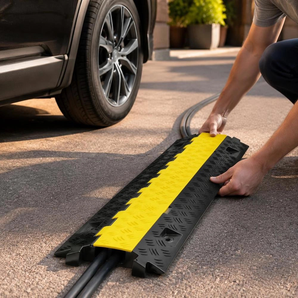 Heavy Duty Dual Channel Rubber Cable Protector, Outdoor Cord Management Ramp For Driveway And Garden, 91.8x25x4.3 Cm, Black
