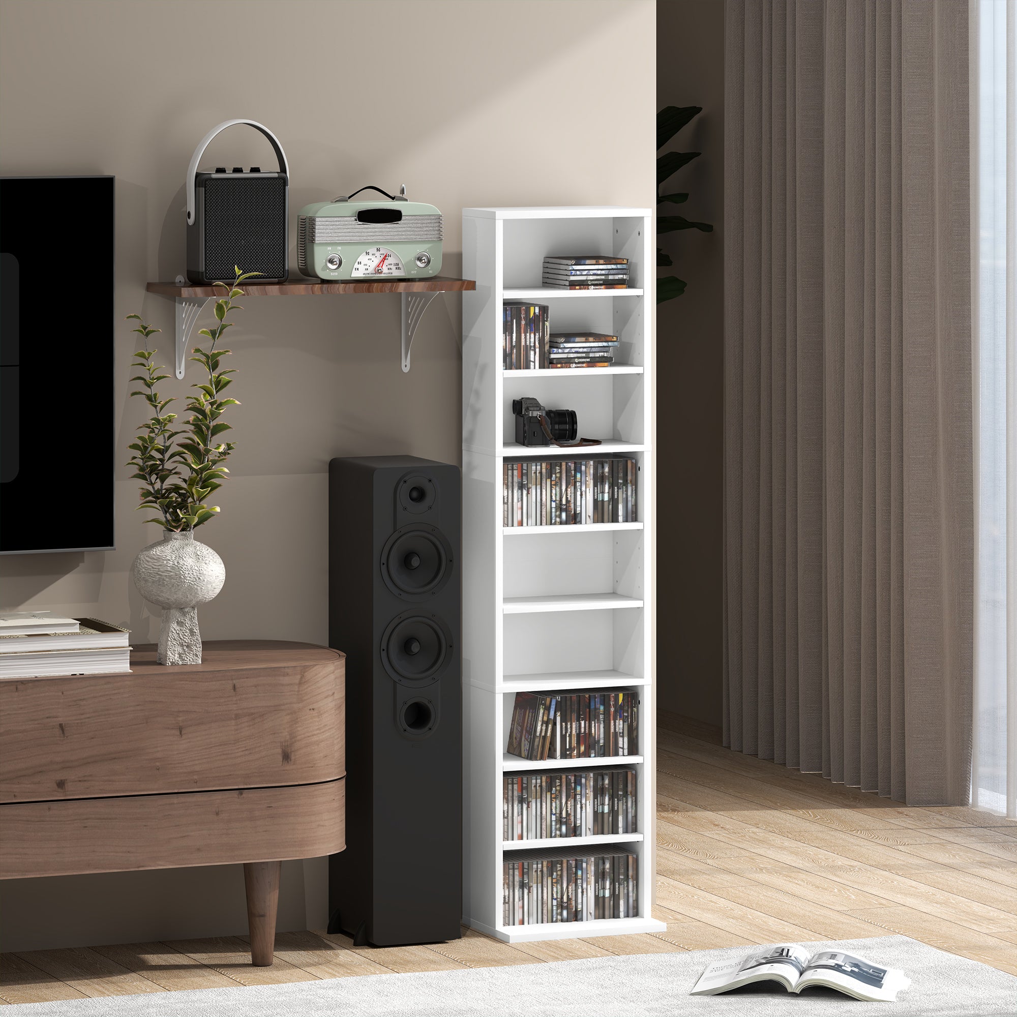Libreria Scaffale Porta CD 33x24x140 cm con 6 Ripiani Regolabili Capacità di 260 CD/120 DVD Bianco
