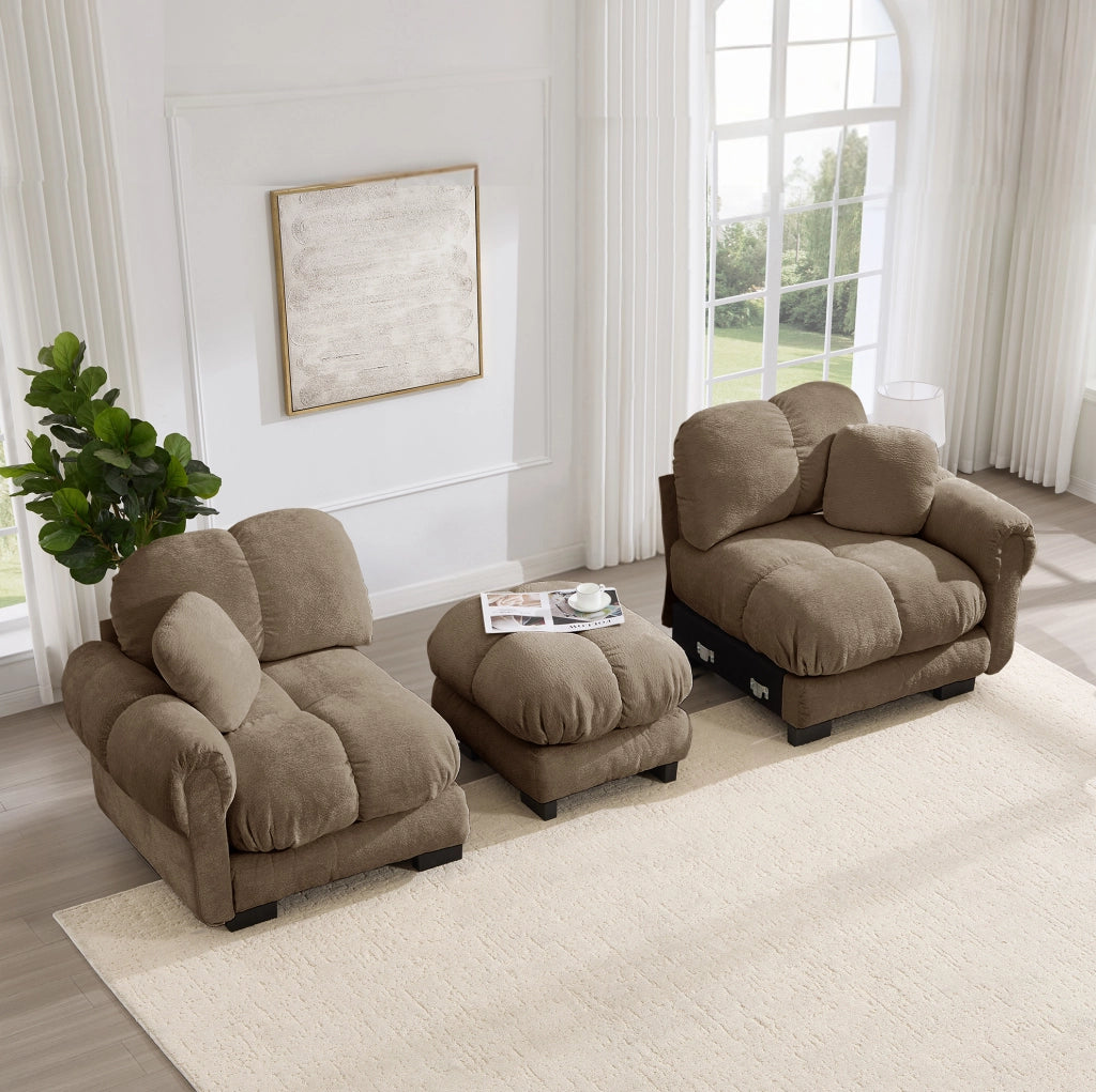 Divano angolare modulare 2 posti con pouf mobile 190x149x90 cm in ciniglia marrone