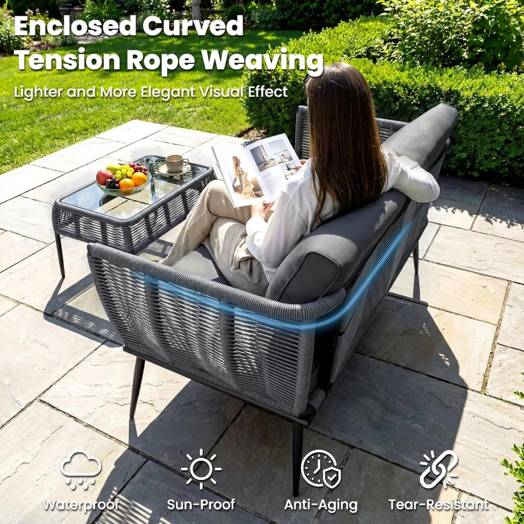 Divano in rattan a 2 posti, per balcone, grigio, divano, piccolo balcone, giardino d'inverno, terrazza, mobili per interni ed esterni, resistente alle intemperie, panca con schienale