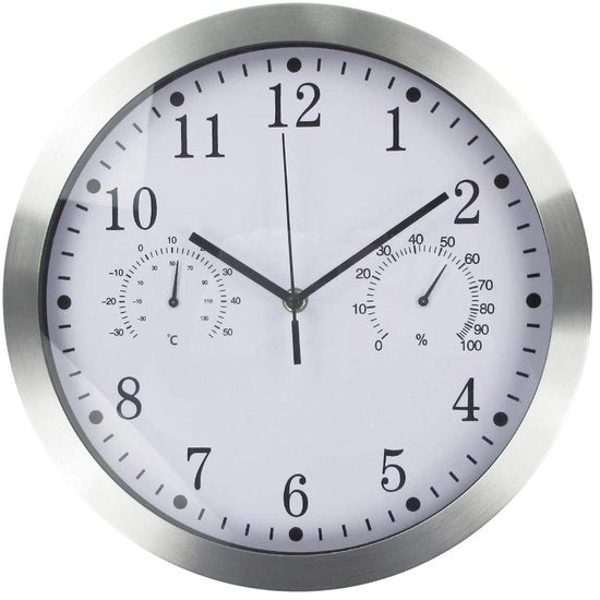 Wandklok con indicazione dell'ora, temperatura e umidità, con cornice di alluminio inox silenziosa