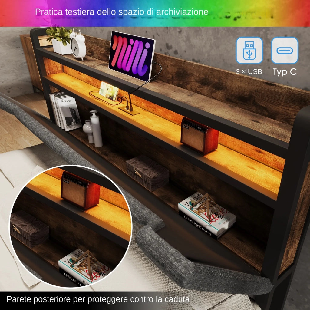 Letto singolo imbottito 90x200 cm con LED; USB e USB-C; testiera contenitore; cassetto e rete; grigio