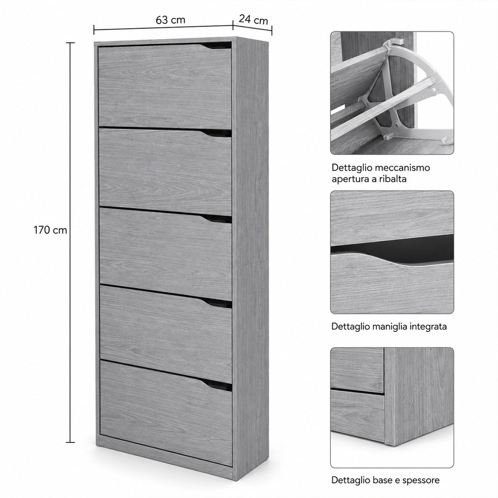 Scarpiera 5 Ripiani Grigio con Maniglia Scomparsa Scarpe Salvaspazio 63x24x170cm