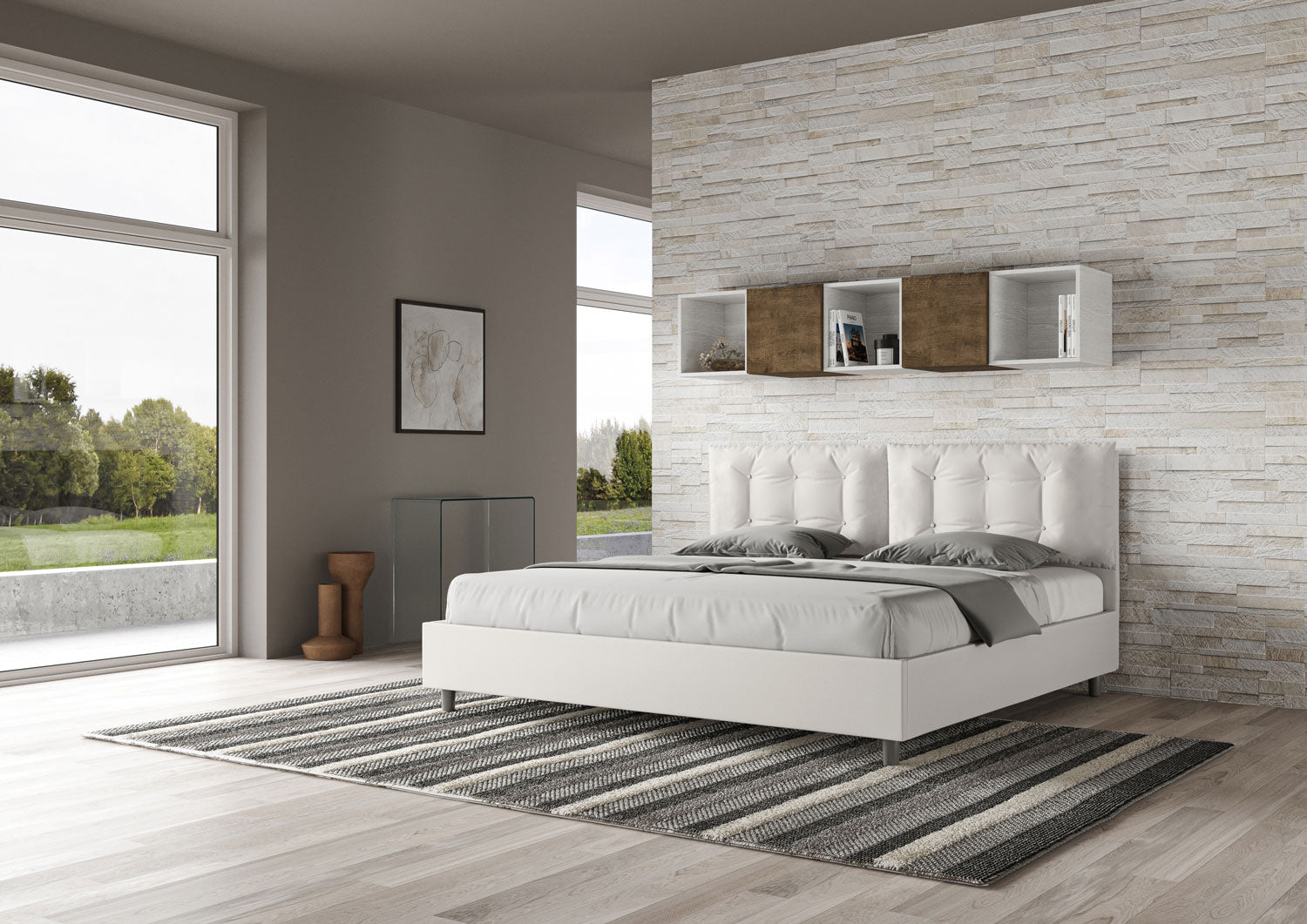 Letto Matrimoniale King Size 200x210 cm con Rete e Contenitore Testata con Cuscini Imbottito in Similpelle Annalisa