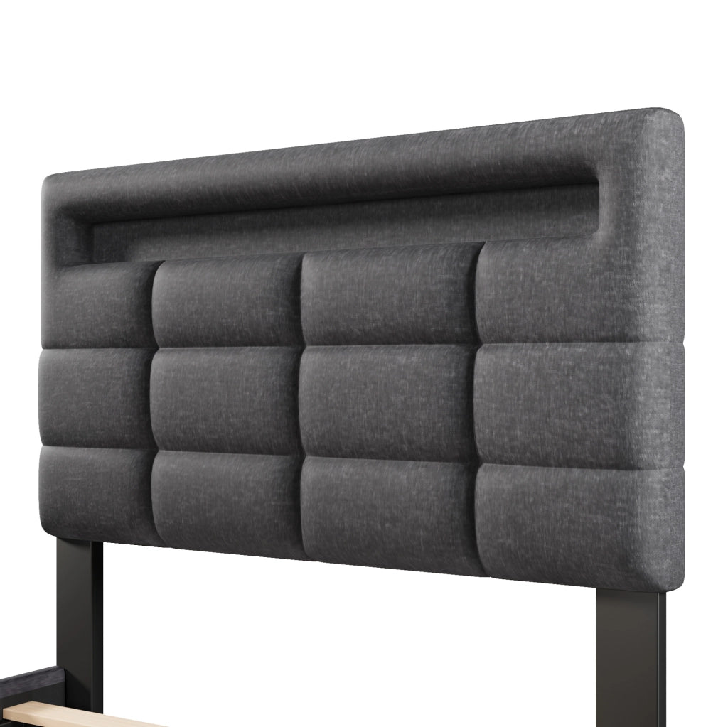 Letto imbottito 90x200 cm con contenitore e LED in lino grigio