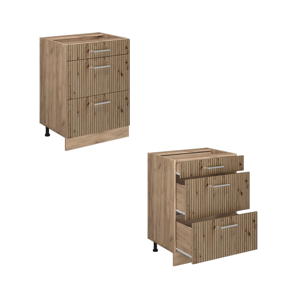 Vicco Mobiletto base per cucina Rovere artigianale 60 cm con cassetti, senza piano di lavoro