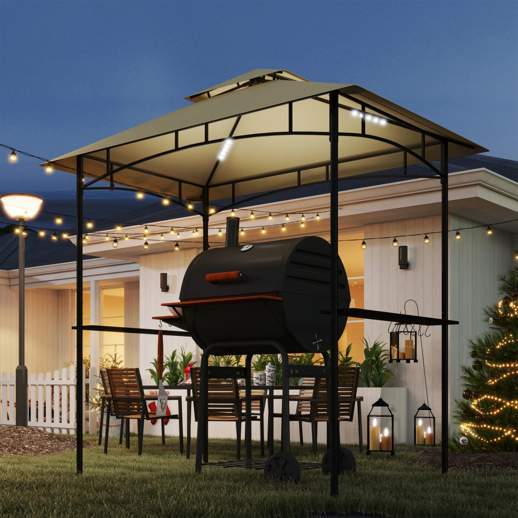 Gazebo BBQ con gazebo da giardino ignifugo a LED 240 x 150 x 258 cm repellente per l'acqua con tetto a doppio strato mensole laterali pergoletti da giardino con protezione UV gazebo barbecue per barbecue da festa beige