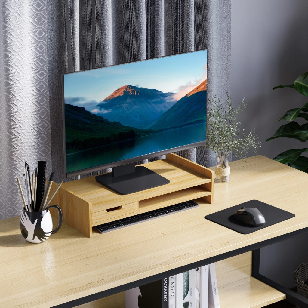 Supporto Monitor con Ripiano e Cubo Portaoggetti ¨C zephmum ¨C Bamb¨´ 49x25.5x11.5 cm