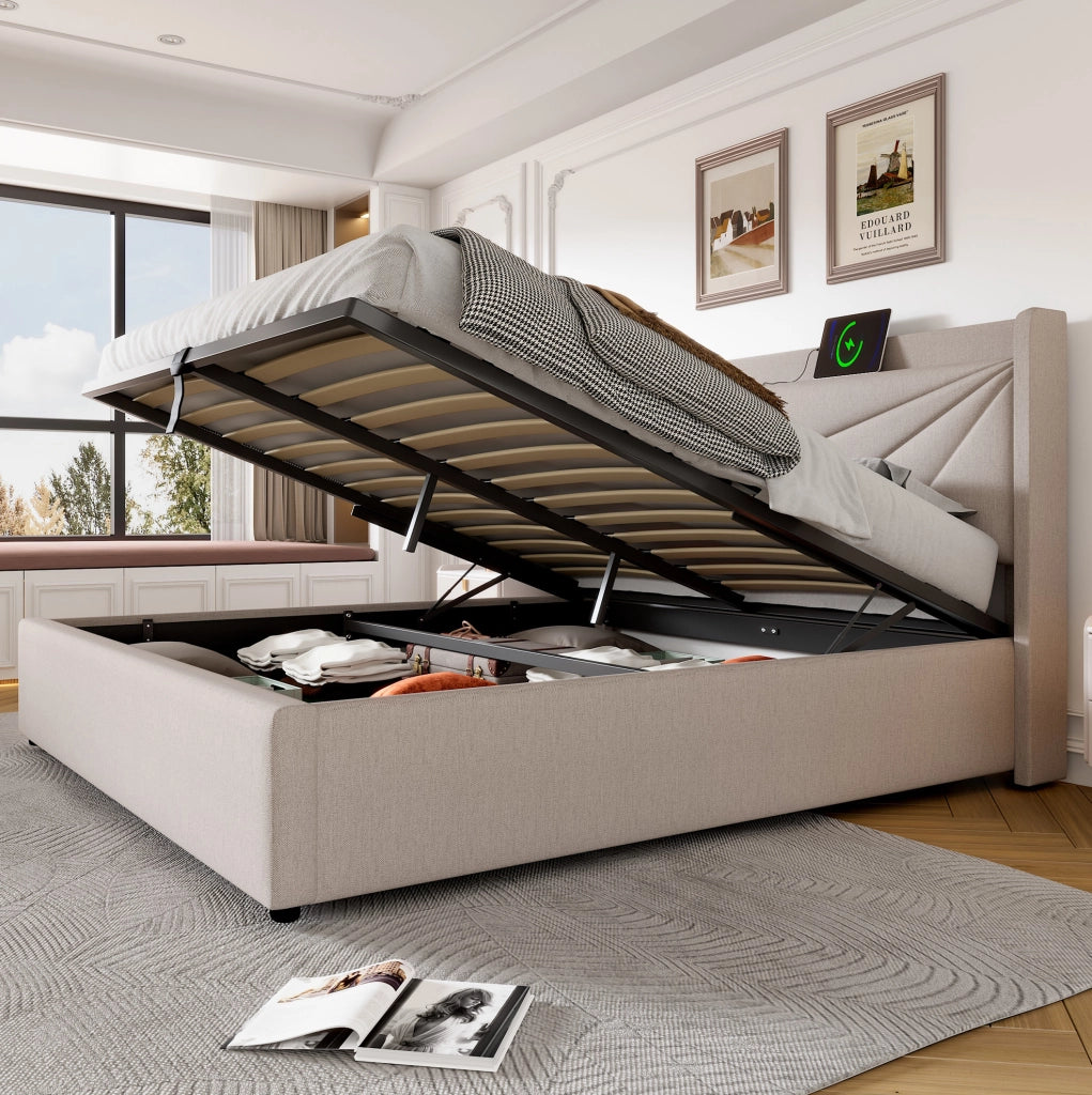 Letto matrimoniale 160x200 beige con contenitore, USB e Type-C