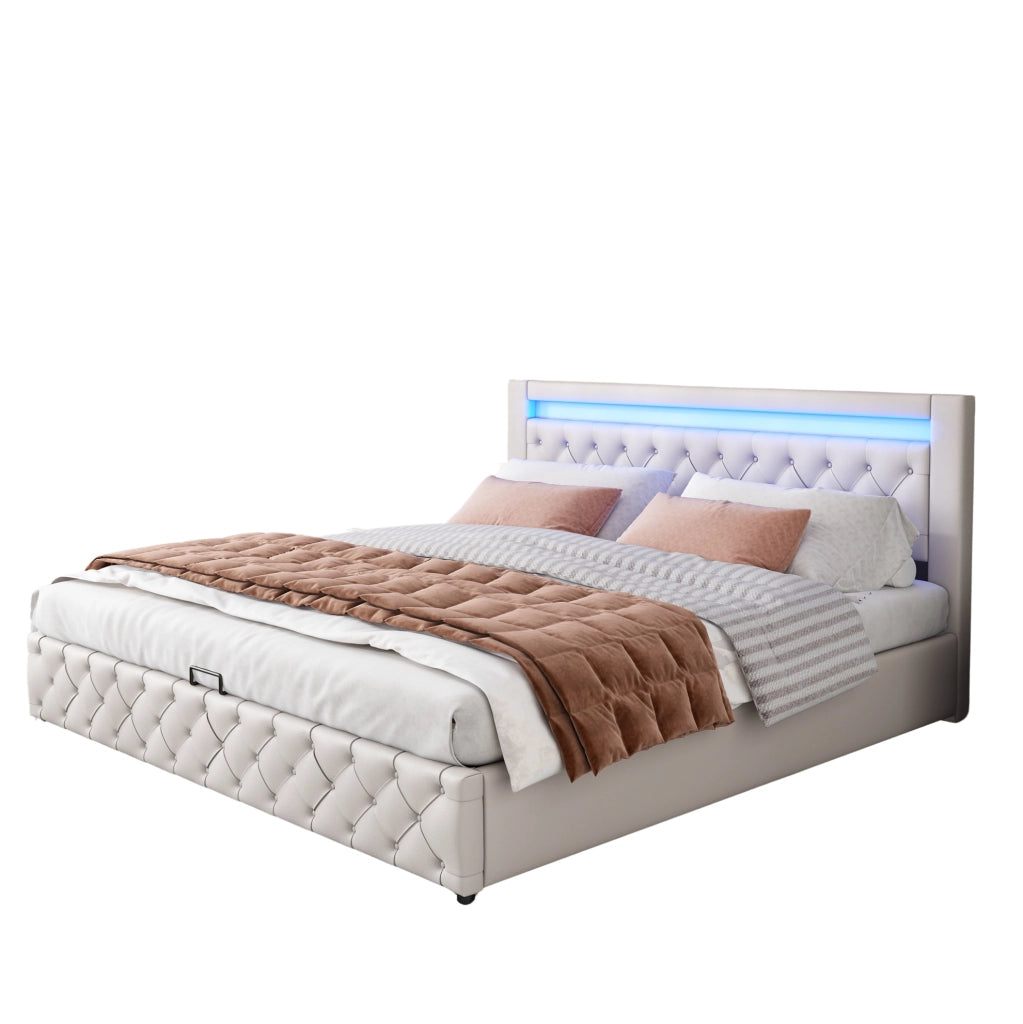 Letto imbottito 160x200 cm; contenitore e LED; PU bianco (Senza materasso)