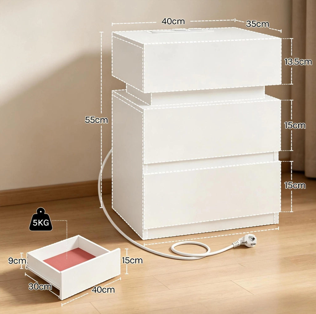 Comodino bianco LED con presa USB e 2 cassetti