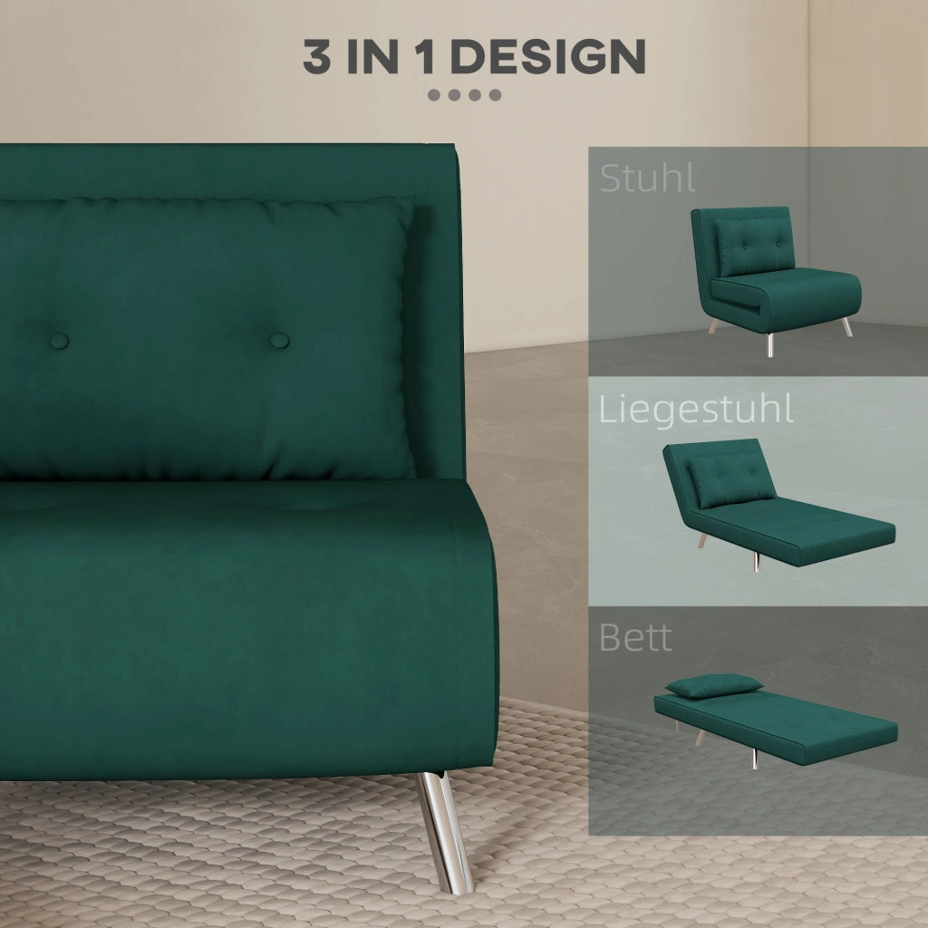 Fauteuil convertible 3 in 1 con schienale regolabile a 180° e cuscino, con gambe in acciaio, in poliestere verde scuro