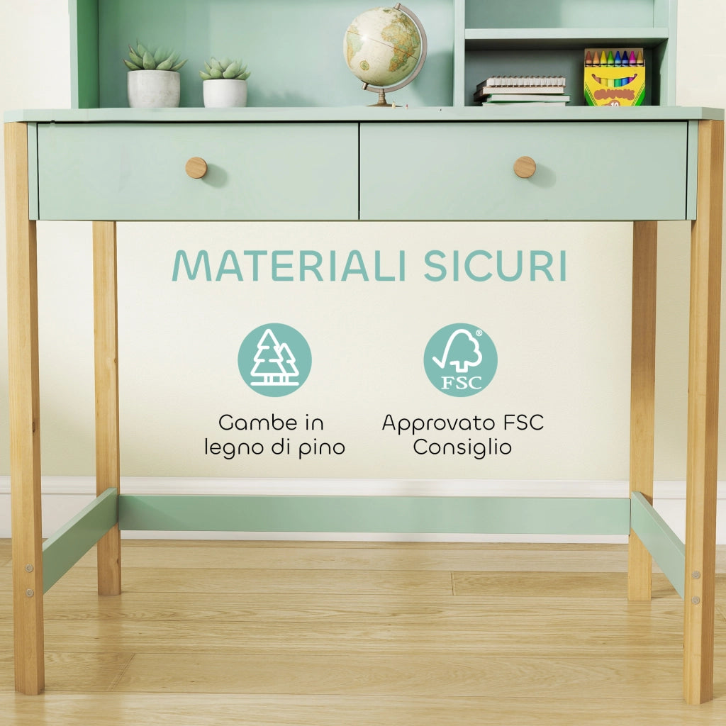 Scrivania per Bambini 5-12 Anni 90x52x105 cm con 3 Ripiani e 2 Cassetti in Legno Verde