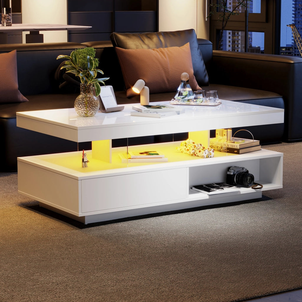 TAVOLINO DA SALOTTO 95x50x42,5 cm Bianco Lucido con 2 cassetti e 2 vani aperti