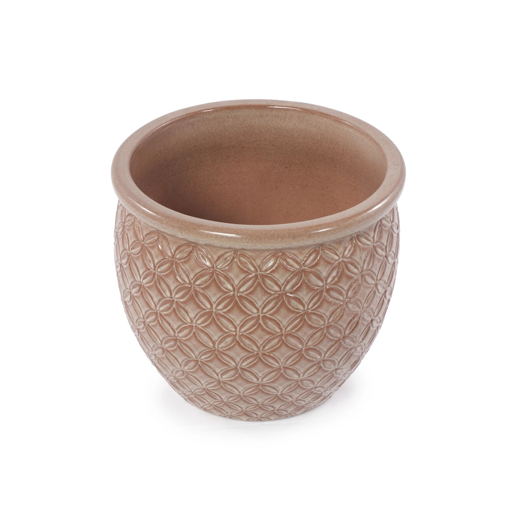 Vaso in ceramica artigianale Ø 30,5 cm, beige lucido, con rilievo decorativo e fori di drenaggio