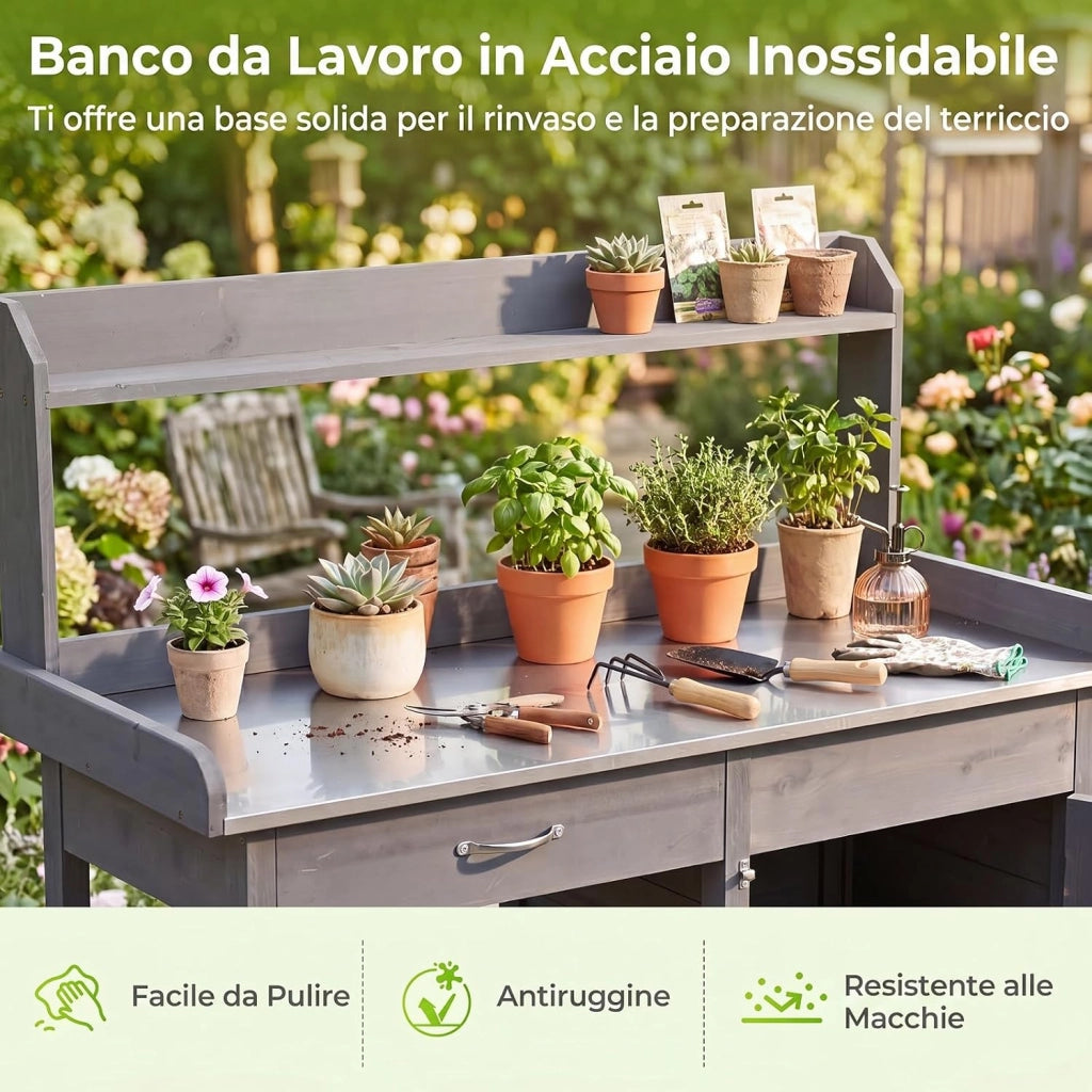 Tavolo da Giardinaggio in Legno con Piano in Acciaio (Grigio) | Tavolo per Piante con Ripiani Aperti, Armadietto, Cassetto e 3 Ganci, Banco da Lavoro per Giardino e Balcone, 112x46,5x125 cm
