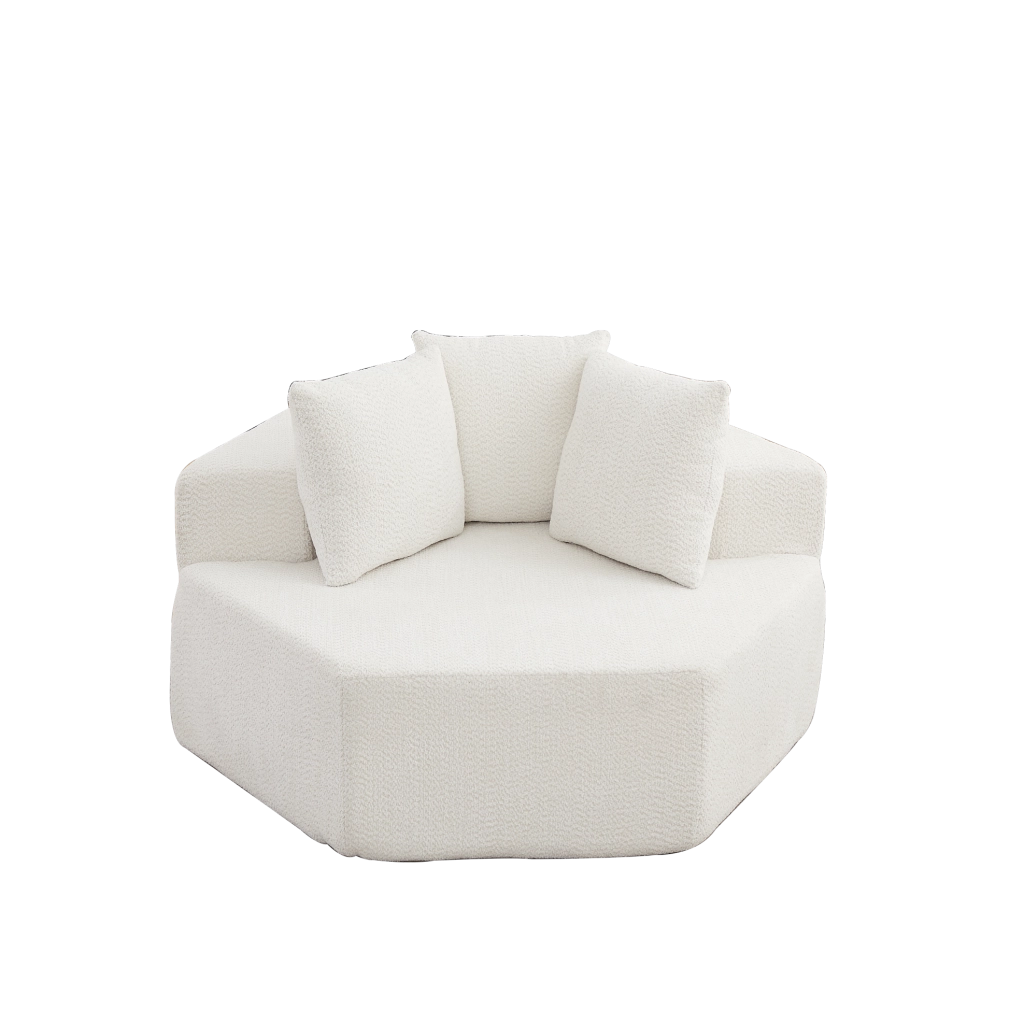 Poltrona lounge singola esagonale modulare in chenille beige con 3 cuscini