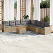 Set Divano da Giardino 10 pz con Cuscini Beige Misto Polyrattan