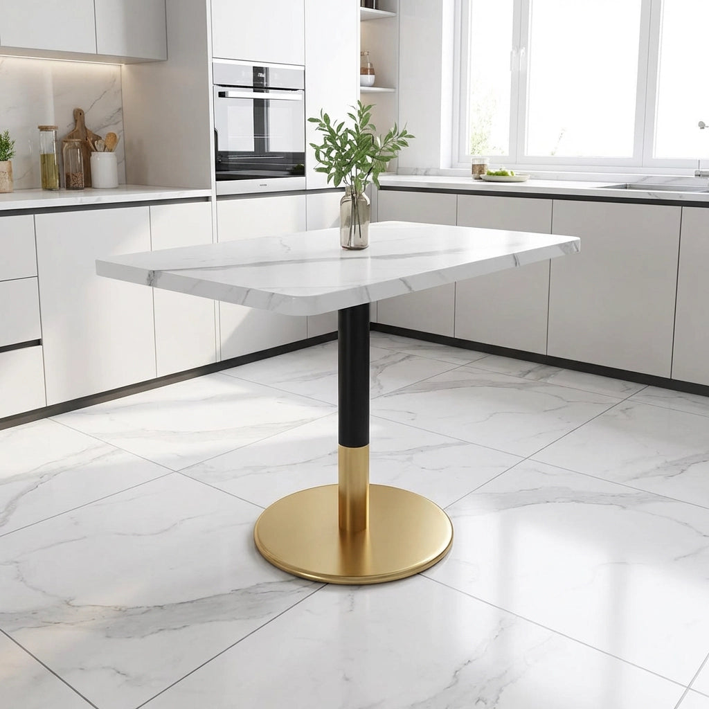 Tavolo da Pranzo Rettangolare ¨C MINIMAL ¨C Piano Effetto Marmo Bianco, Gambe Metallo Nero, 80x60