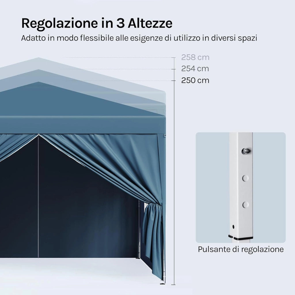 Gazebo da Giardino Richiudibile 3x3m Gazebo da Esterno Ferro Regolabile in Altezza Tendone Pieghevole con Telo Idrorepellente, Protezione Solare, Facile Montare Blu