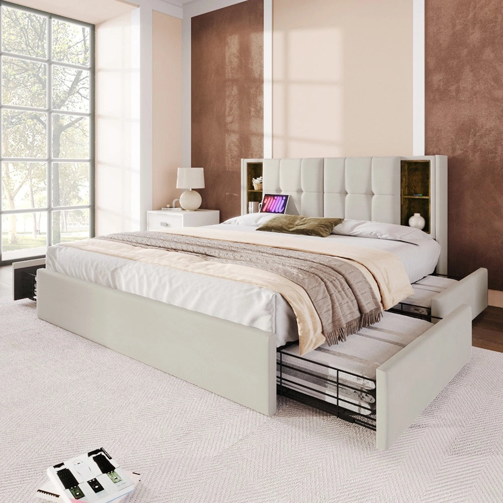 Letto Matrimoniale Imbottito con Cassetti e Ricarica USB ¨C MINIMAL ¨C Velluto Beige 160x200