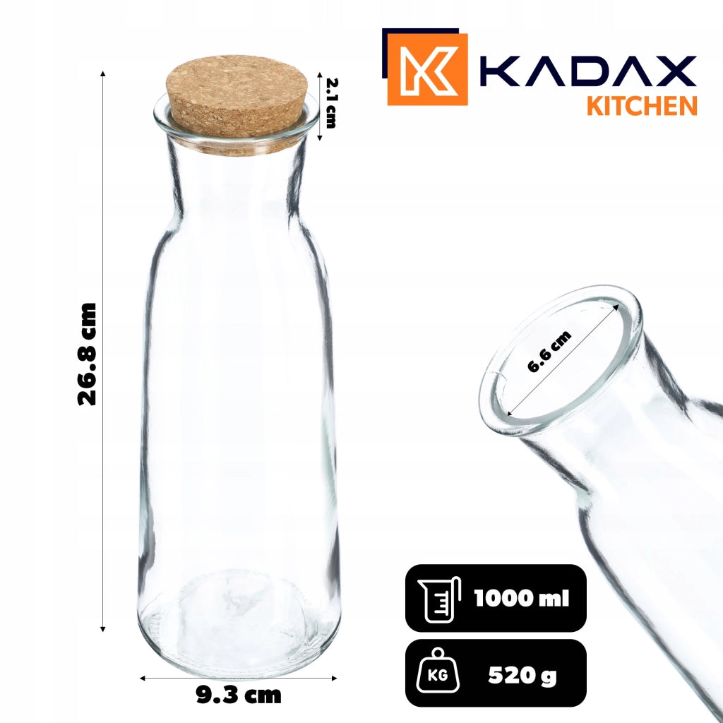 Caraffa in vetro KADAX da 1000 ml (1 litro) per acqua, vino e altre bevande, con tappo.
