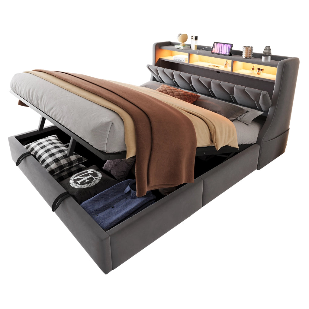 Letto matrimoniale imbottito 180x200 cm in velluto grigio con contenitore; LED e prese