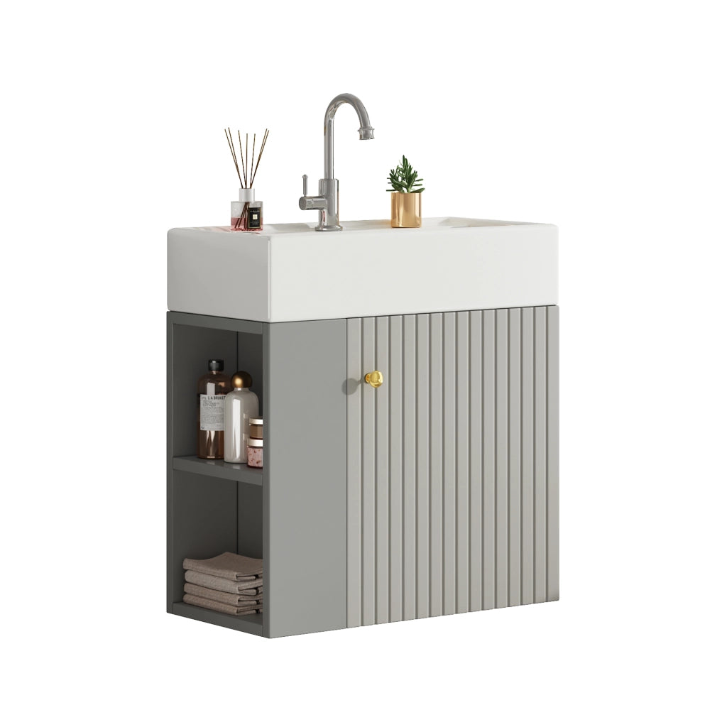 Mobile sottolavabo con lavabo in ceramica lucida, vani laterali e chiusura ammortizzata, per bagno, grigio e bianco