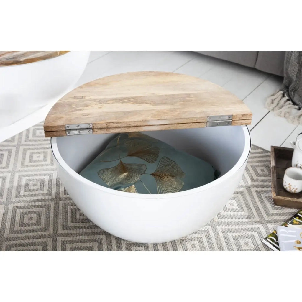 Tavolino basso TRIANE 60 cm con contenitore – Piano in legno di mango e struttura in metallo bianco opaco