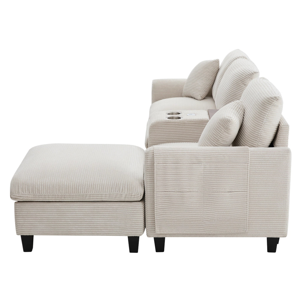 Divano angolare modulare 4 posti in velluto a coste beige con pouf e console USB HOMVRA