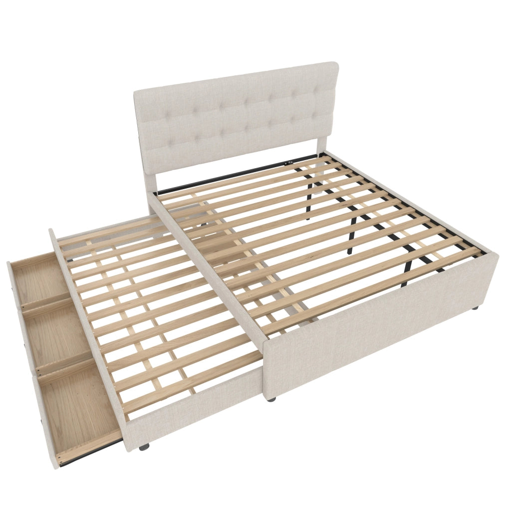 Letto imbottito 140x200 cm con letto estraibile e 3 cassetti; testiera regolabile; lino e MDF beige (Senza materasso)