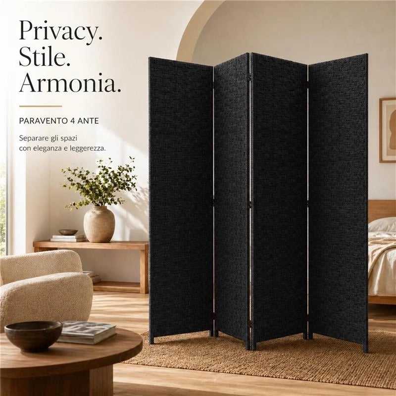 SEPARE' CON QUATTRO PANNELLI IN PLATICA NERO CON STRUTTURA IN LEGNO MISURE: 180X180CM