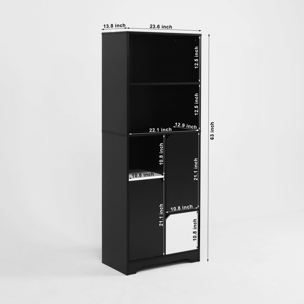 Libreria con 2 ripiani aperti e anta; 60x35x160 cm; truciolare nero