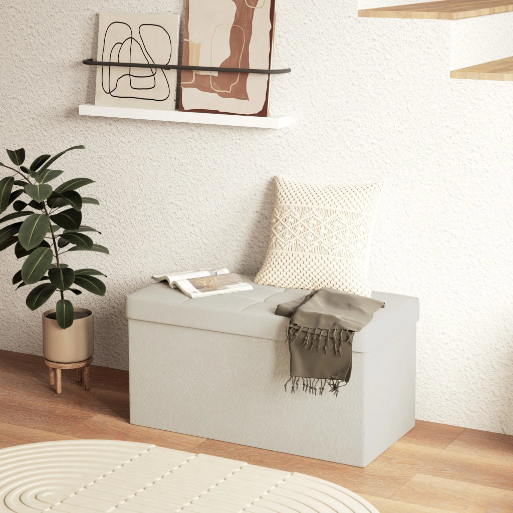 Pouf Contenitore Pieghevole ¨C Xylo ¨C Tessuto Lino Sintetico Crema 76x38x38cm 84L