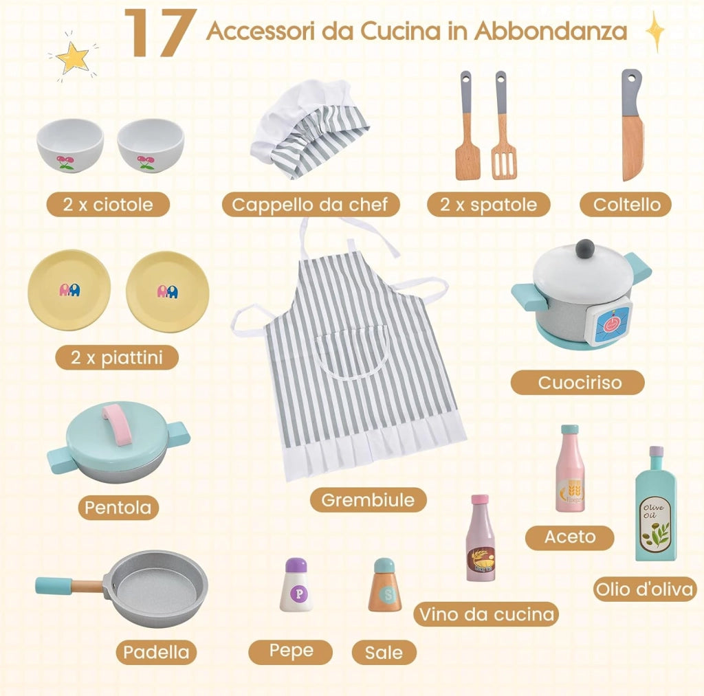 Cucina Giocattolo per Bambini in Legno, Set da Cucina per Bambini con Forno a Microonde, Accessori Vari per Cucinare, per Bambini 3 Anni +, TM-70, Bianco