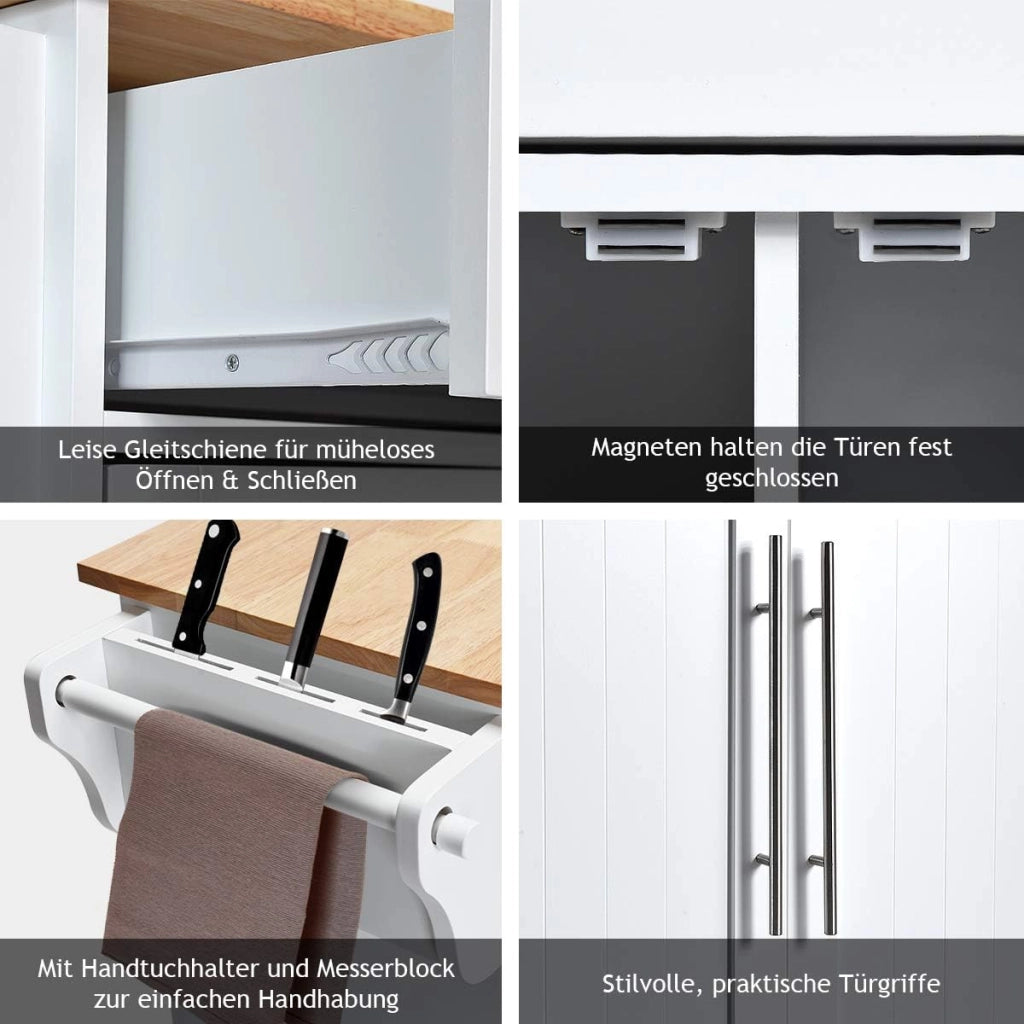 Carrello da Cucina, Carrello di Servizio con Ruote e Maniglia, 3 Ante e 2 Cassetti, Ideale per Cucina Ristorante Bar, 122x46x92,3 cm, Bianco