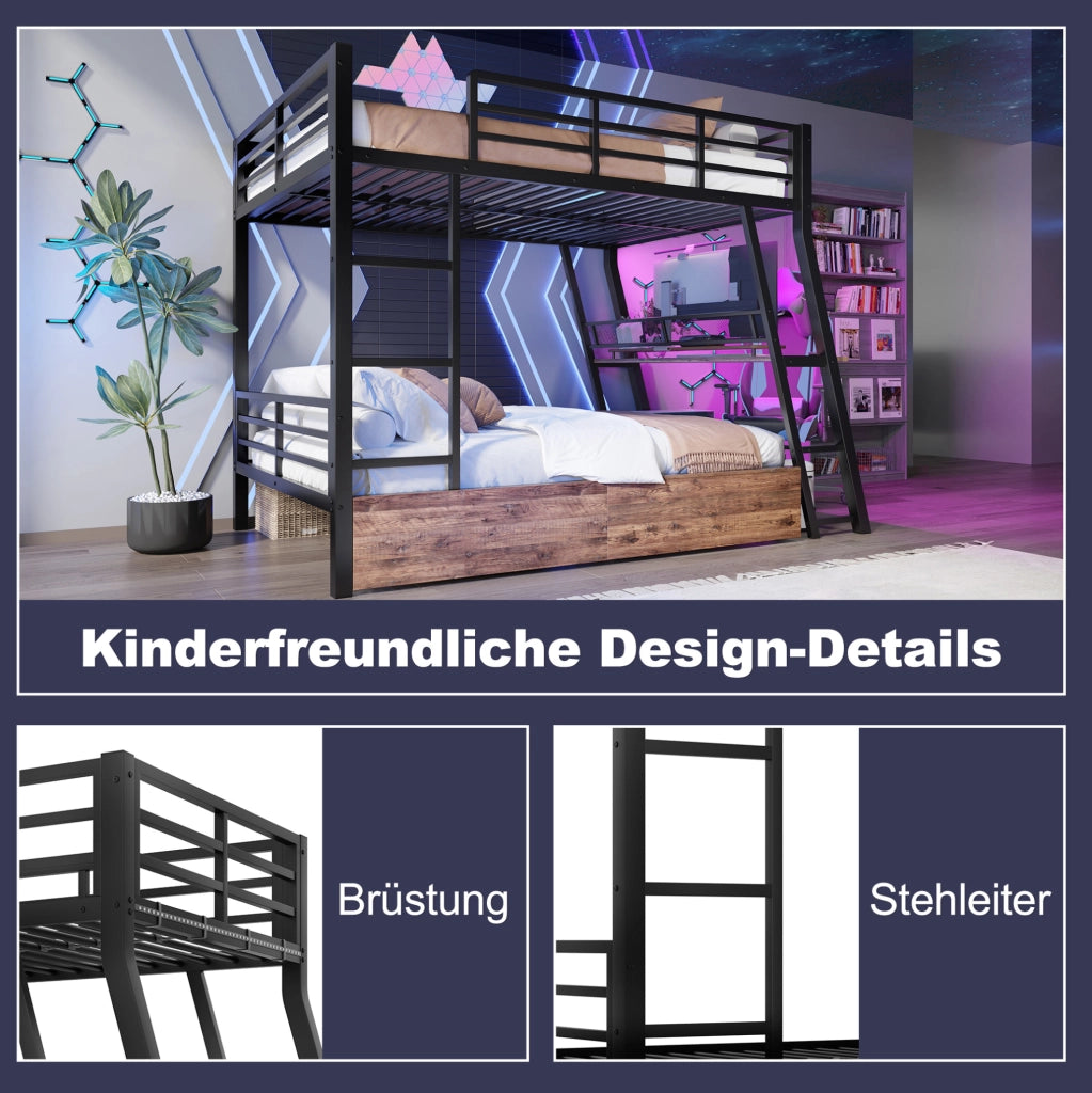 Letto a soppalco 140x200 cm con scrivania; cassetti e LED; metallo; nero