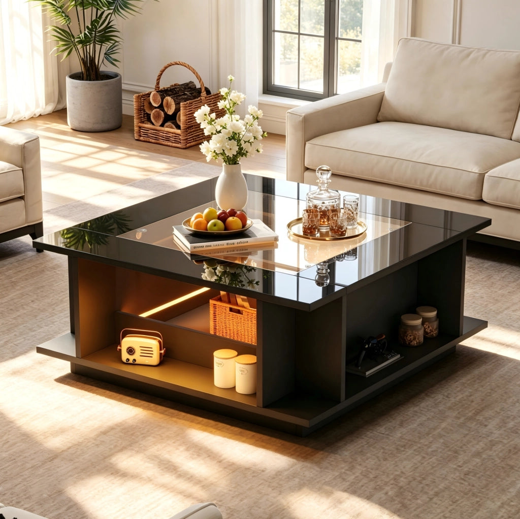 Tavolino da caffè quadrato 70x70x30 cm con piano in vetro; finitura nero lucido e LED