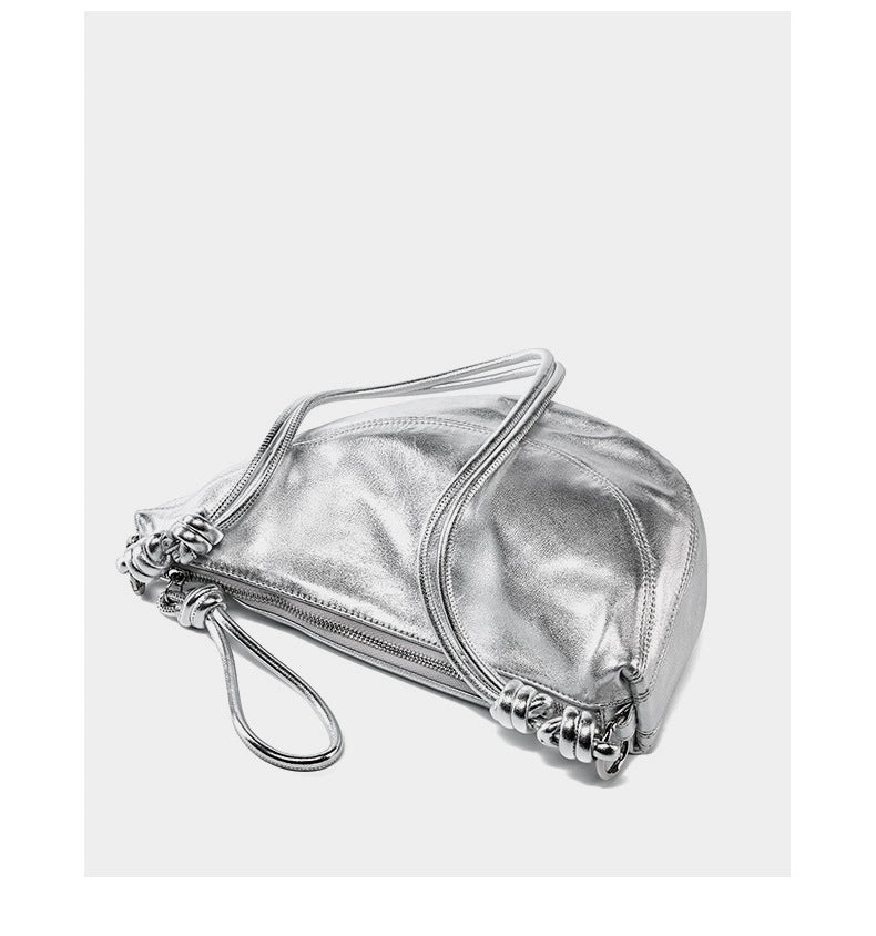 Borsa a tracolla da donna in vera pelle, graziosa borsa firmata color argento
