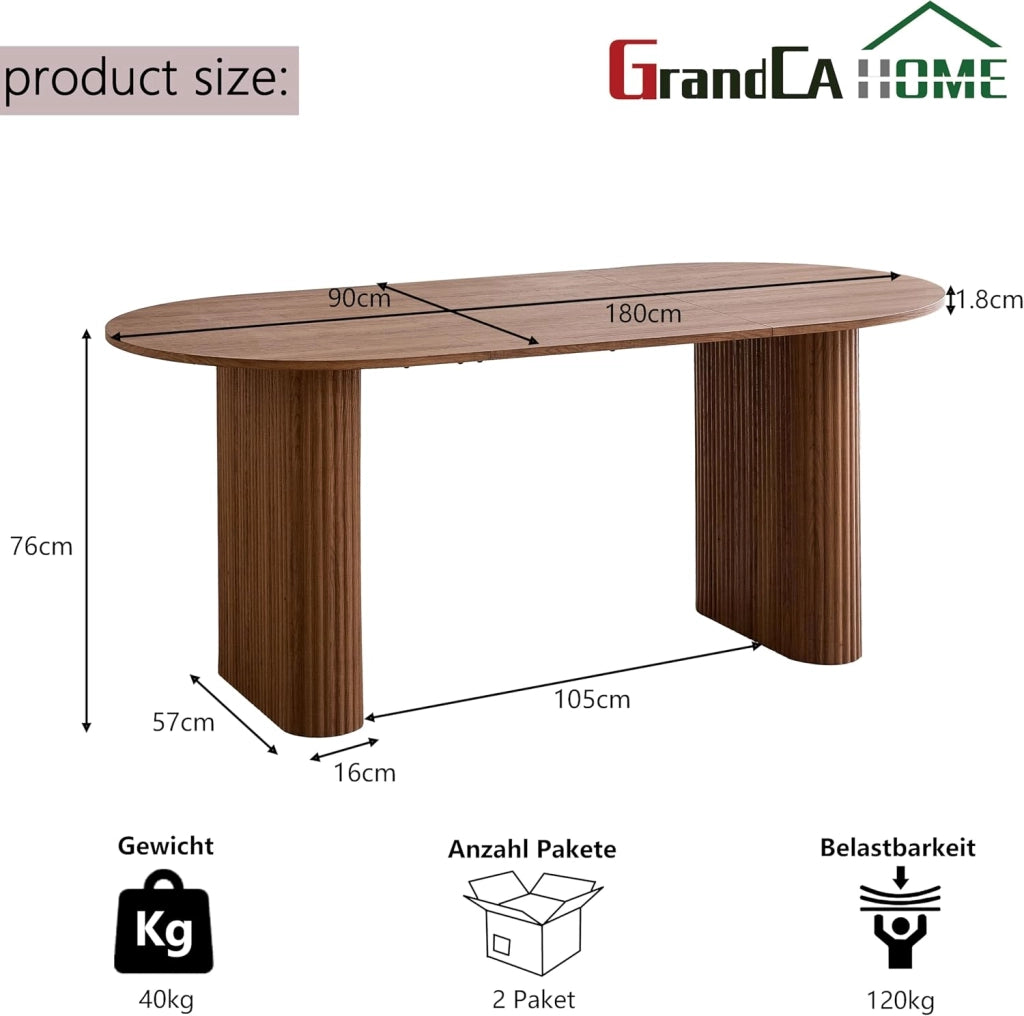 GrandCA HOME Tavolo da Pranzo Ovale in Legno, Tavolo da Cucina Moderno da 180 CM, Ampia Scrivania in MDF per 6-8 Persone (Marrone Scuro)