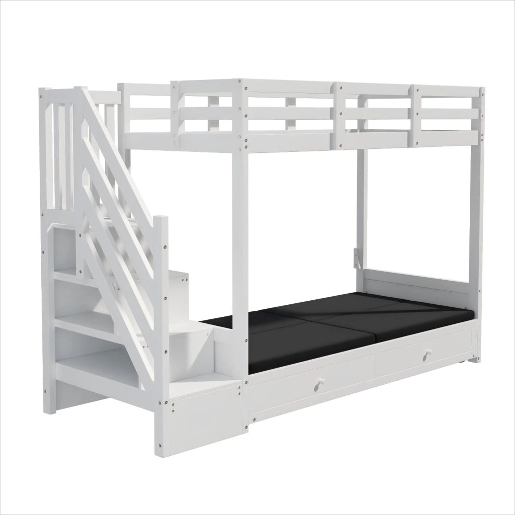 Letto a soppalco multifunzionale per bambini 90x200 cm con scala contenitore, divano e 2 cassetti, bianco, senza materasso