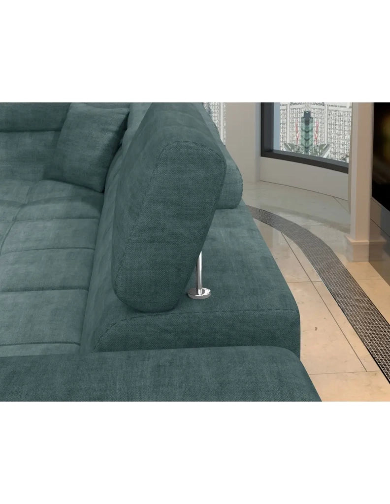 Divano angolare convertibile PALAZZO 4 posti verde blu – angolo destro con vano contenitore