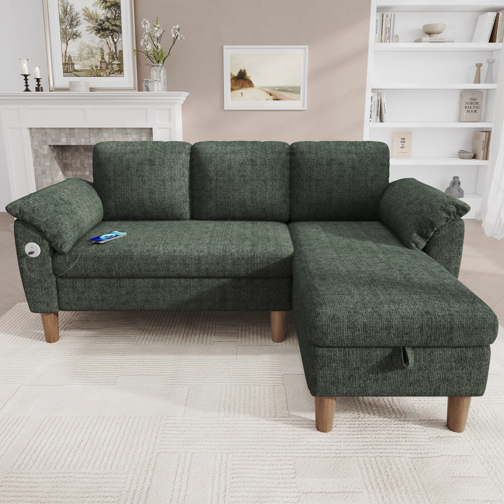 Divano angolare modulare 3 posti con chaise longue reversibile; contenitore; USB e Type-C; ciniglia verde