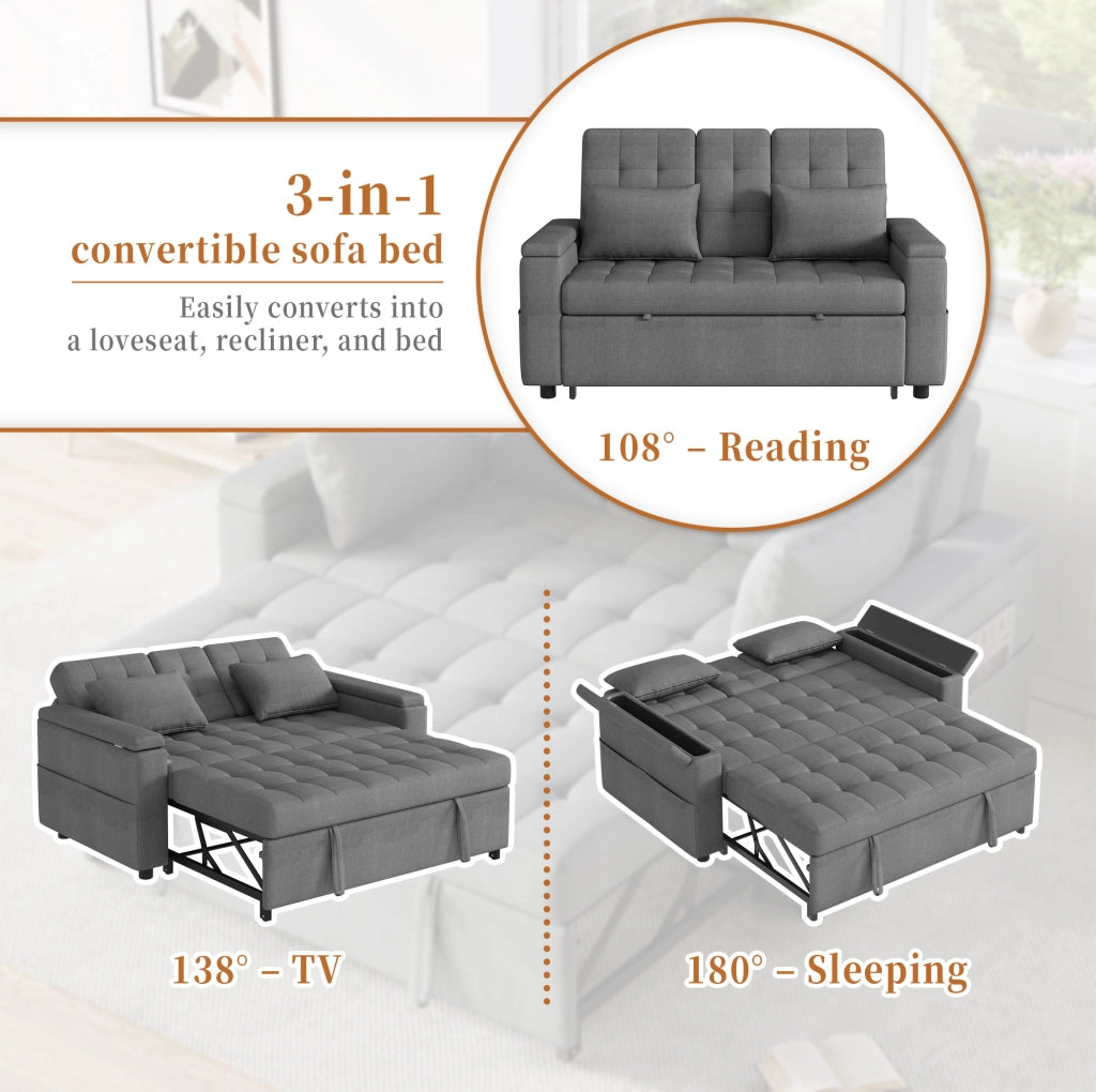 Divano letto a 2 posti con schienale regolabile; contenitori laterali; 2 cuscini; grigio