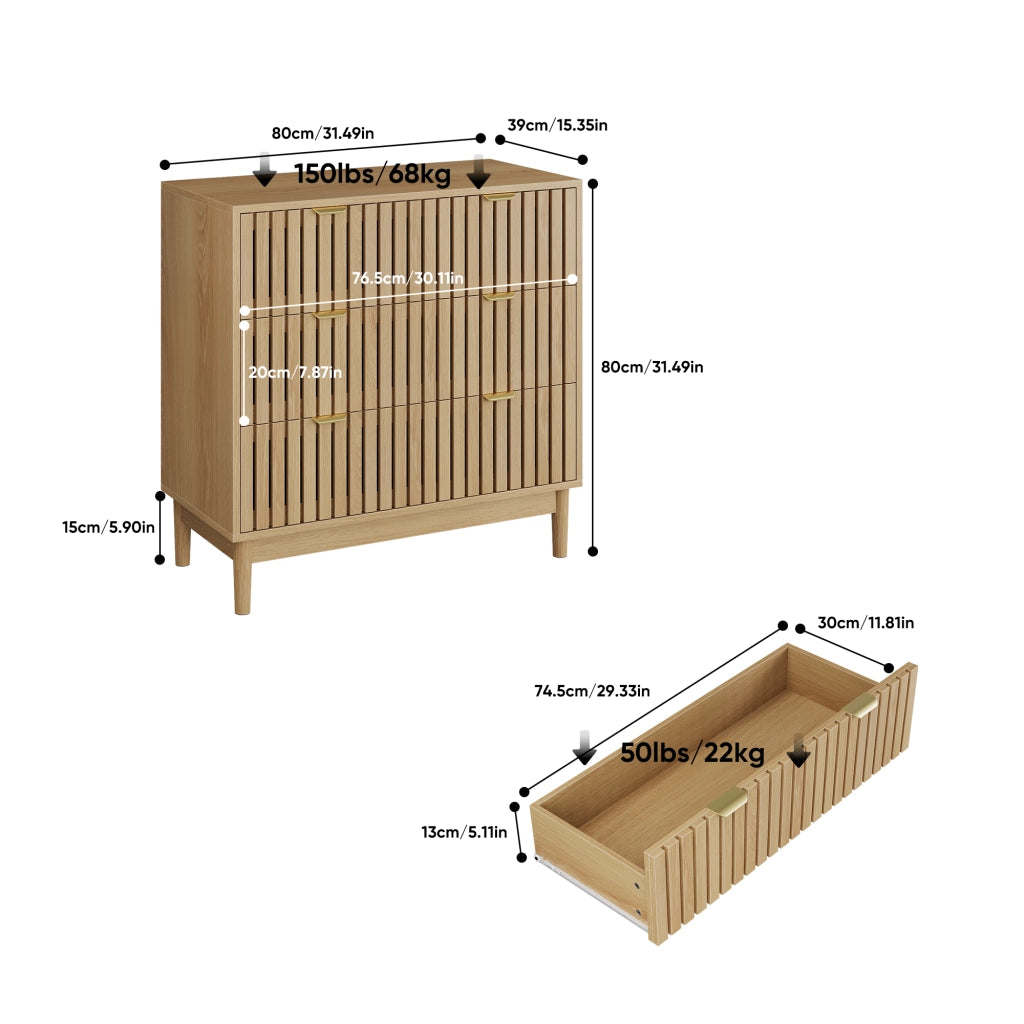 CASSETTIERA 3 Cassetti 80x39x80 cm Rovere Stile medievale